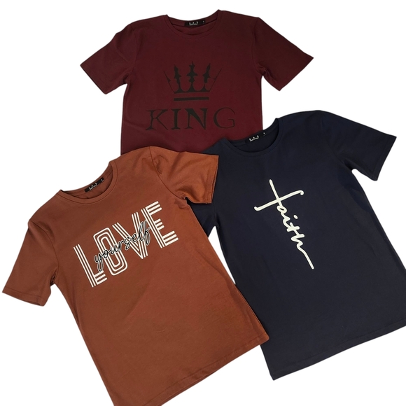 Men’s Bundle of Soft Stretch Graphic T-Shirts Fitted Style King, Love, Faith - Picture 1 of 6